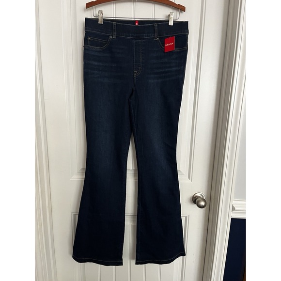 SPANX Denim - New! Spanx Kick Flare Pull On Jeans Womens Lg Dark Indigo Blue Stretch Denim 652